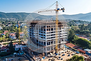 Building construction in progress. construction crane erecting an unfinished tall structure