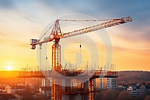 Building construction in progress. construction crane erecting an unfinished tall structure