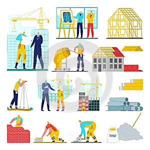 Building construction site, crane, workers architects, engineering vector illustration. House constructions development.