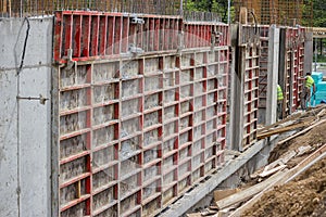 Building construction site with formwork elements