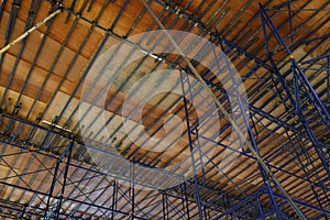 Building construction site. plywood sheets on a scaffolding. Maintenance concept.