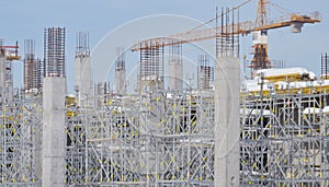 Building construction site with scaffolding