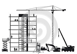 Building construction site with wheel loader and crane, illustration