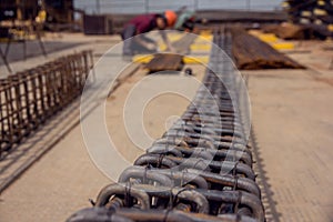 Building construction. Steel reinforcement bars. Industrial background. Rebar texture. Steel bars for monolithic frame