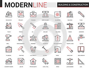 Building construction thin red black line icons vector illustration set with builders tools and crane equipment, city