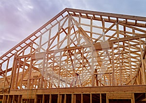 Building construction, wood framing new home under construction roof being built