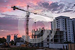 Building crane and buildings under construction against evening sky