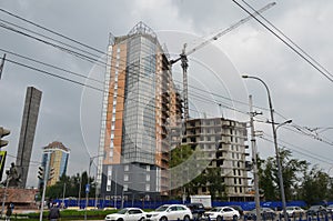 A building with crane and monument