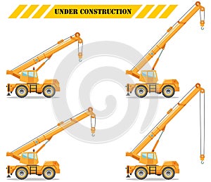 Building crane truck with different boom position. Heavy equipment and machinery. Construction machine. Vector