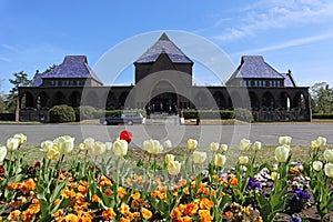 Building of the crematorium with flowers