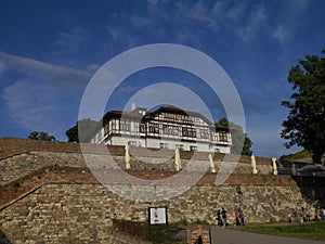 The building of the Cultural Heritage Preservation Instute of Belgrade above brickwall