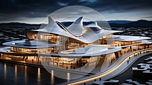 A building with curved roof and people walking around