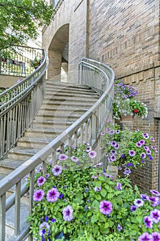 Building with curving outdoor staircase adorned with beautiful flowering plants