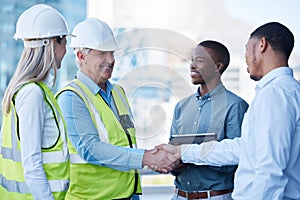 Building deal, happy and people with handshake on site for construction job, logistics and meeting. B2b, support and