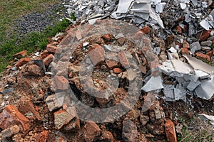 Building demolition demolished ruin stone and bricks rubble debris pieces