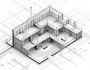 Building design blueprint with 3D architectural model. Technical drawing shows residential house plan. Construction project