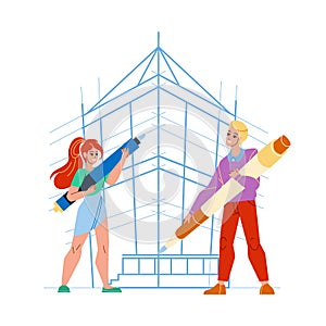 Building Design Man And Woman Architects Vector