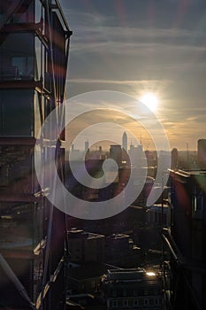 Building details in London skyline at sunset