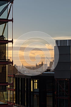 Building details in London skyline at sunset