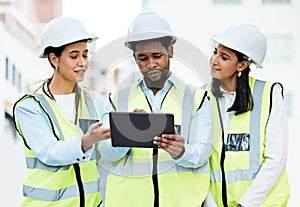 Building, digital tablet and construction worker team collaboration and planning at a site, checking online plan and