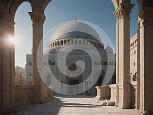 A building with a dome and a person walking in the middle photo