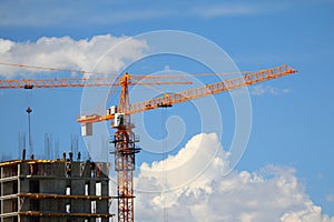 Building with elevating cranes