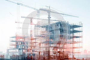 A building encased in scaffolding undergoing renovation work, A double exposure view of future 3D model and