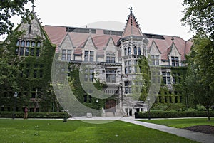 Building in English gothic style and trees