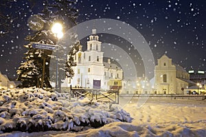 Building exterior of main Church of Minsk at winter evening, Belarus