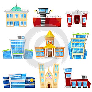 Building facade cityscape vector officebuilding or apartments architectural city bank hospital or church prison and