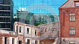 Building facade  Sun  Reflection graffiti love peace kiss red heart on wall ,modern  and old vintage house blue Windows  glass a