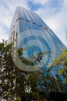 Building facade with trees below