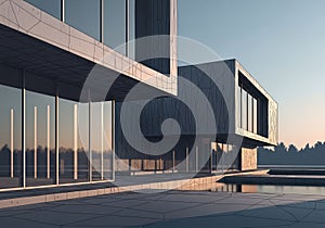 Building features a cantilevered section and a geometric facade with