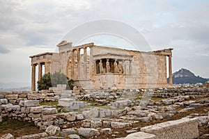 Building with Figures of Caryatids Porch of the Erechtheion on the Parthenon on Acropolis Hill, Athens, Greece