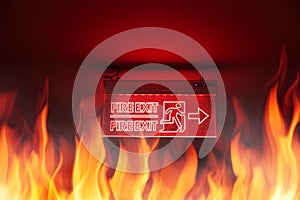 Building fire and Fire Exit sign emergency