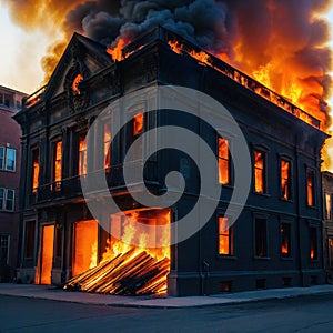 a building on fire with a lot of flames coming out of sides and doors on the sides of the building and a lot of fire coming