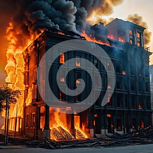 a building on fire with a lot of flames coming out of sides and doors on the sides of the building and a lot of fire coming