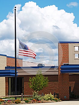 Building with flag half mast
