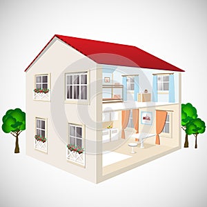 Building flat 3d web isometric concept vector. Exterior and interior isometry rooms. House in cut.