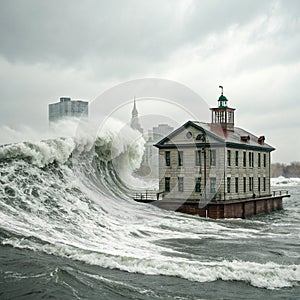 Building floating on large wave tsunami