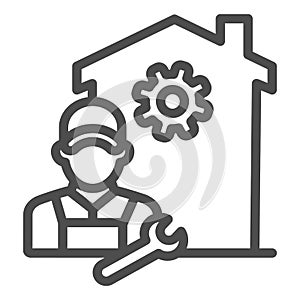 Building with gear and engineer line icon, smart home concept, smart house repair worker sign on white background, Home