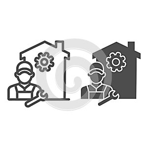 Building with gear and engineer line and solid icon, smart home concept, smart house repair worker sign on white
