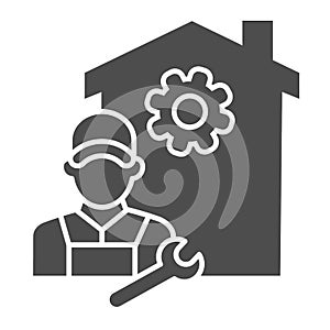 Building with gear and engineer solid icon, smart home concept, smart house repair worker sign on white background, Home