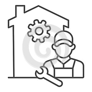 Building with gear and engineer thin line icon, smart home concept, smart house repair worker sign on white background