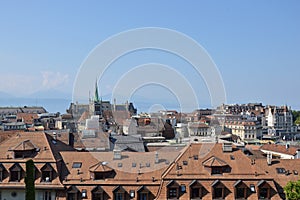 Building and Geneva lake background in Lausanne Switzerland