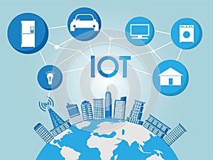 Building on global ground with various things icon, iot and smart city network concept, and illustration