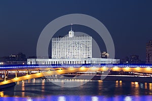 The building of Government of the Russian Federation and the Metro bridge at night
