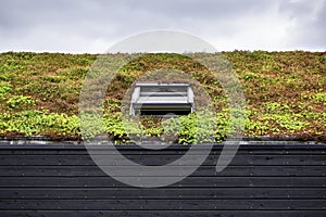 Building with a green roof completely covered with vegetation