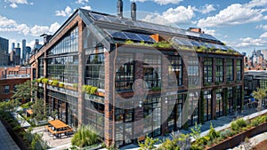 Lush Urban Greenspace: Industrial Building Transformed with Rooftop Garden & Solar Panels, generative ai