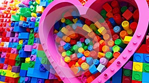 Building a heart-shaped structure out of colorful lego blocks is a child